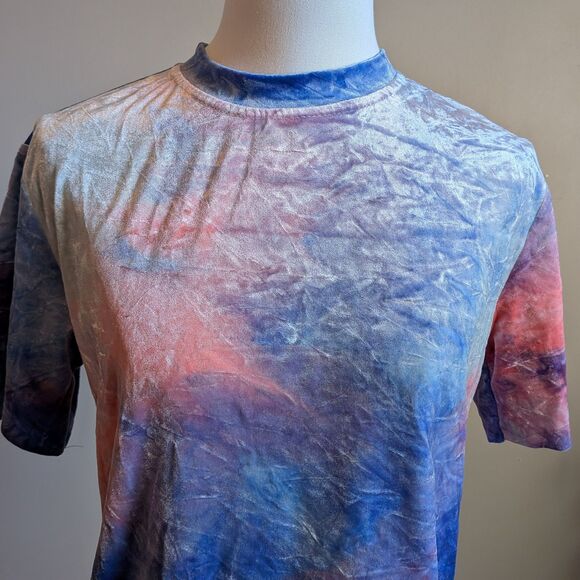 Crushed Velvet Top Pink Blue Tie Dye Mock Neck Pastel Size Small - Picture 3 of 7